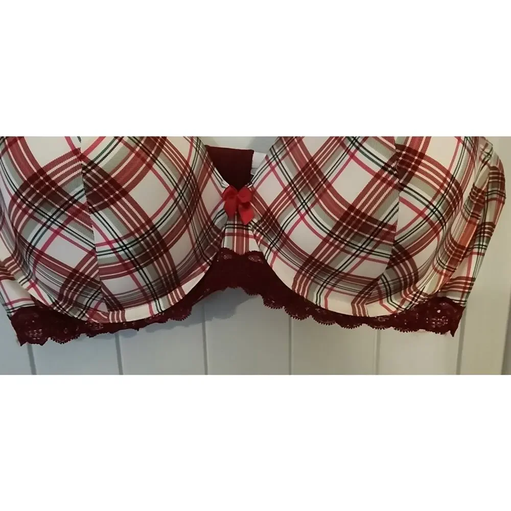 Adore Me Nare Bra 42D Plaid Full Coverage Contour Underwire Burgundy Lace